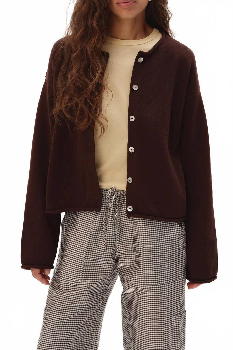 NEW DONNI. cotton knit roll cardigan in espresso - Picture 5 of 7